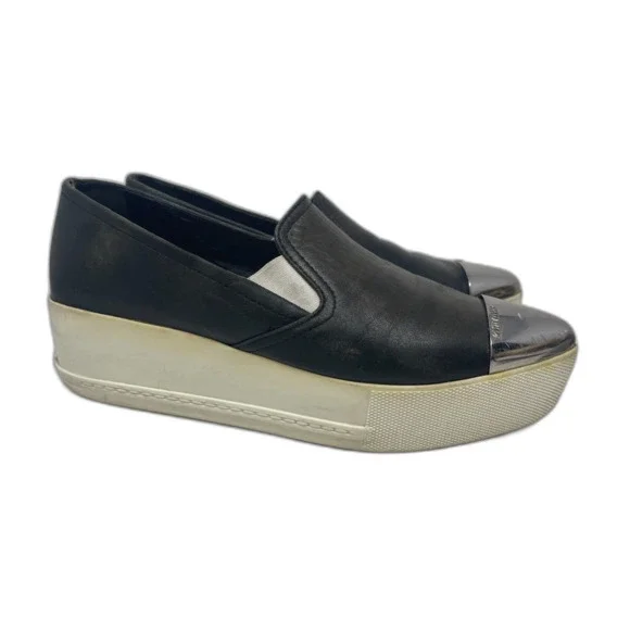 Miu Miu Black Leather Platform sneakere with metal cap toe Miu Miu Black Leather Metal Cap Toe Platform Slip On  main image 3